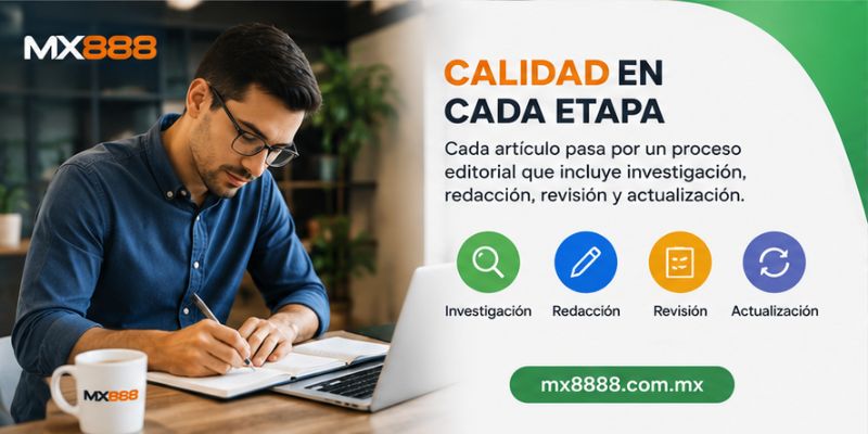 Equipo aplicando la Política Editorial de MX888 para crear contenido confiable